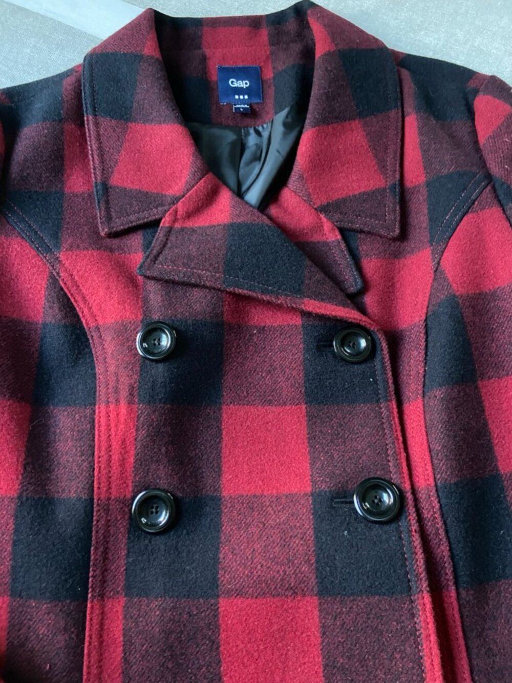Gap Women’s Red Black Buffalo Plaid Wool Blend Peacoat Size L - Picture 6 of 6